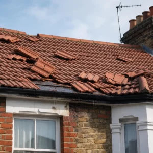 Slipped roof tiles on a London terrace showing signs of a leaking roof