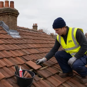 Why is my roof leaking? Roofer inspecting damaged tiles on a London terrace