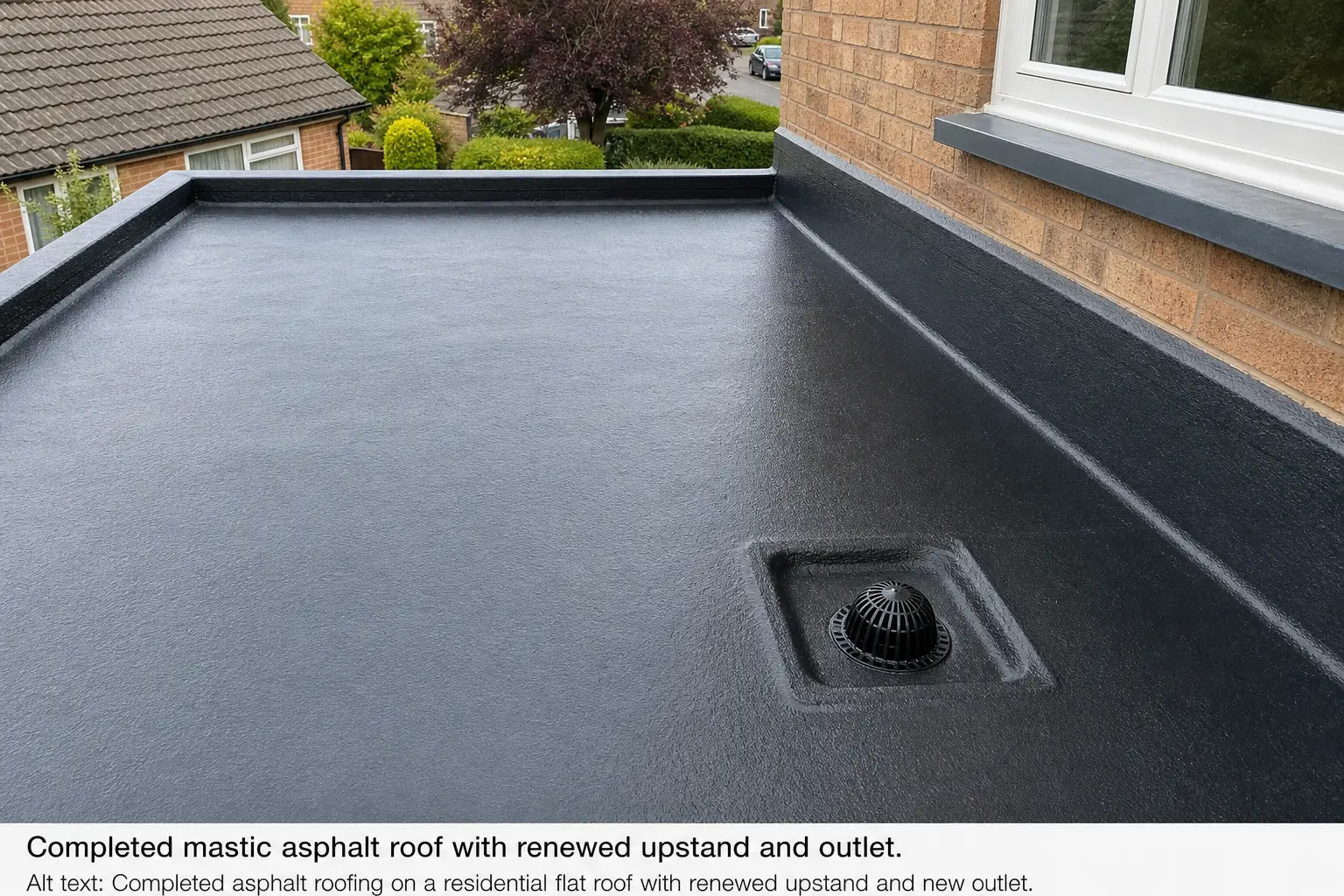 Completed mastic asphalt roofing with renewed upstand and outlet.