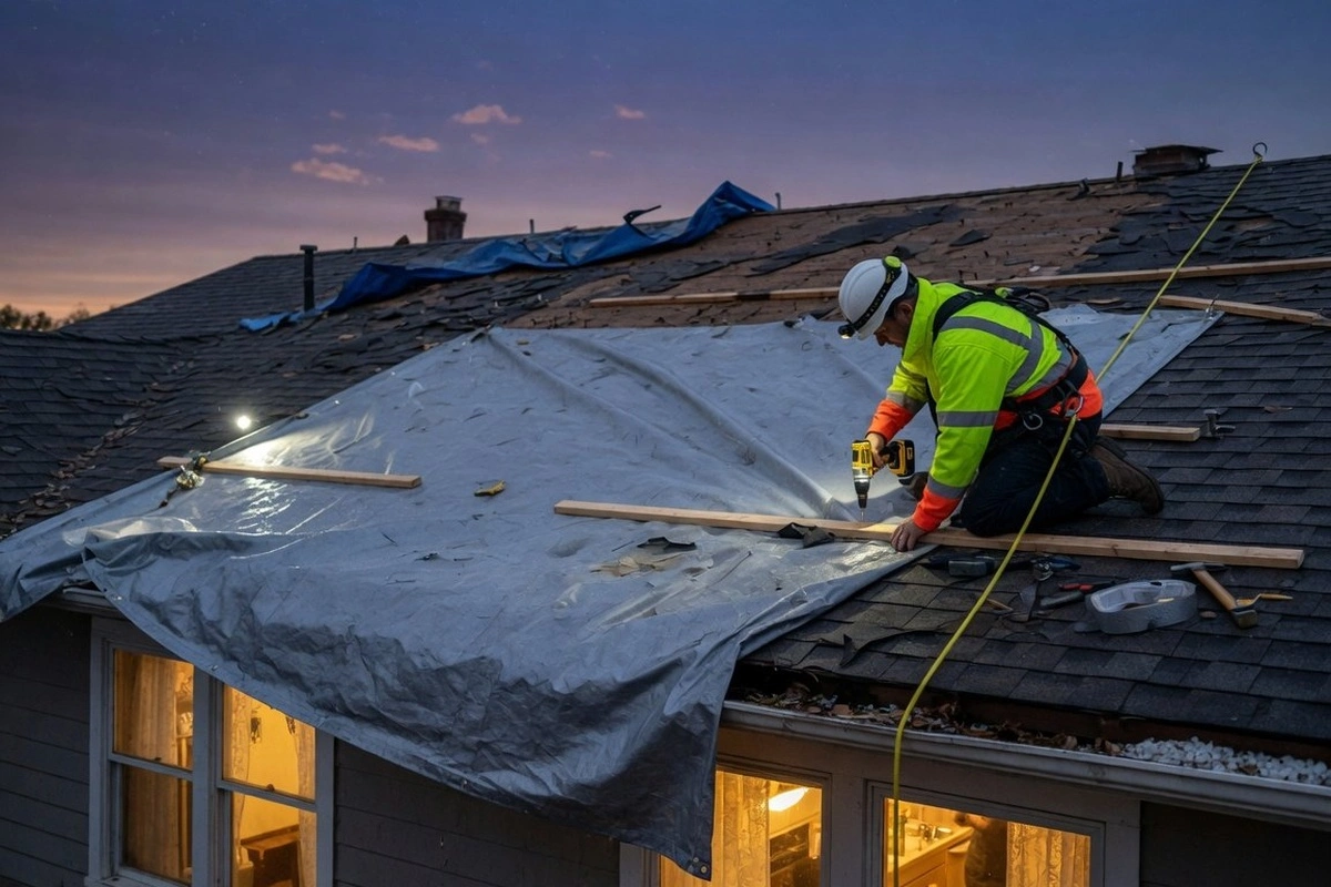 Roofer securing temporary waterproof sheeting over storm-damaged roof at dusk with safety harness and line