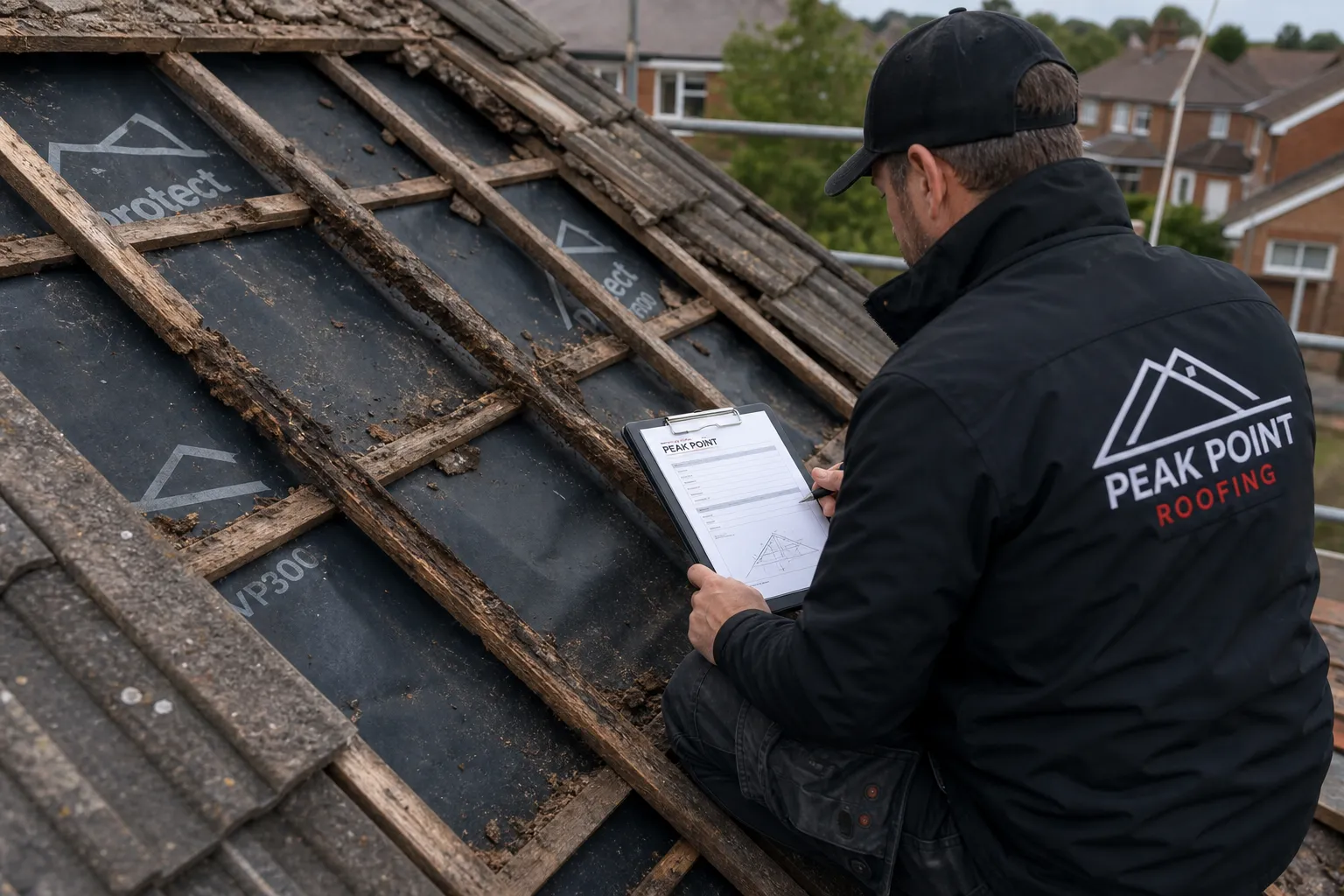 Image with person inspecting roof to estimate roof replacement cost