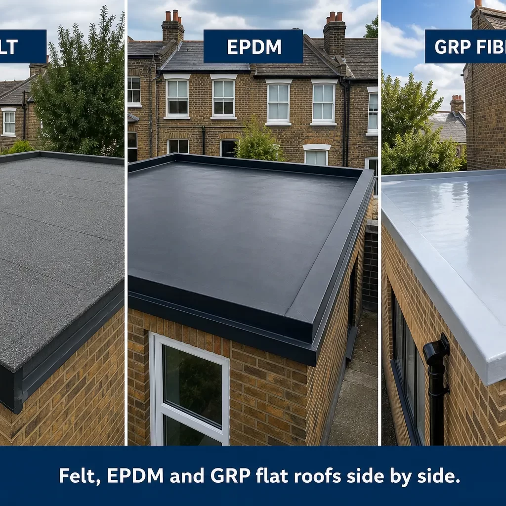 Three-way comparison photo or montage of finished flat roofs felt, EPDM and GRP fibreglass