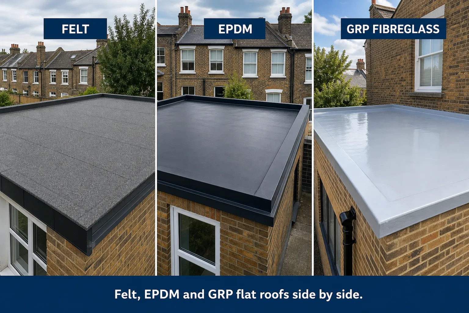 Three-way comparison photo or montage of finished flat roof lifespan felt, EPDM and GRP fibreglass