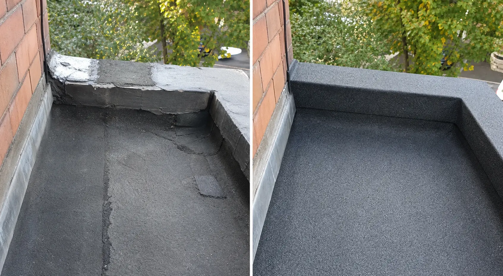 Islington balcony roof: failed patch replaced with a seamless asphalt roofing detail.