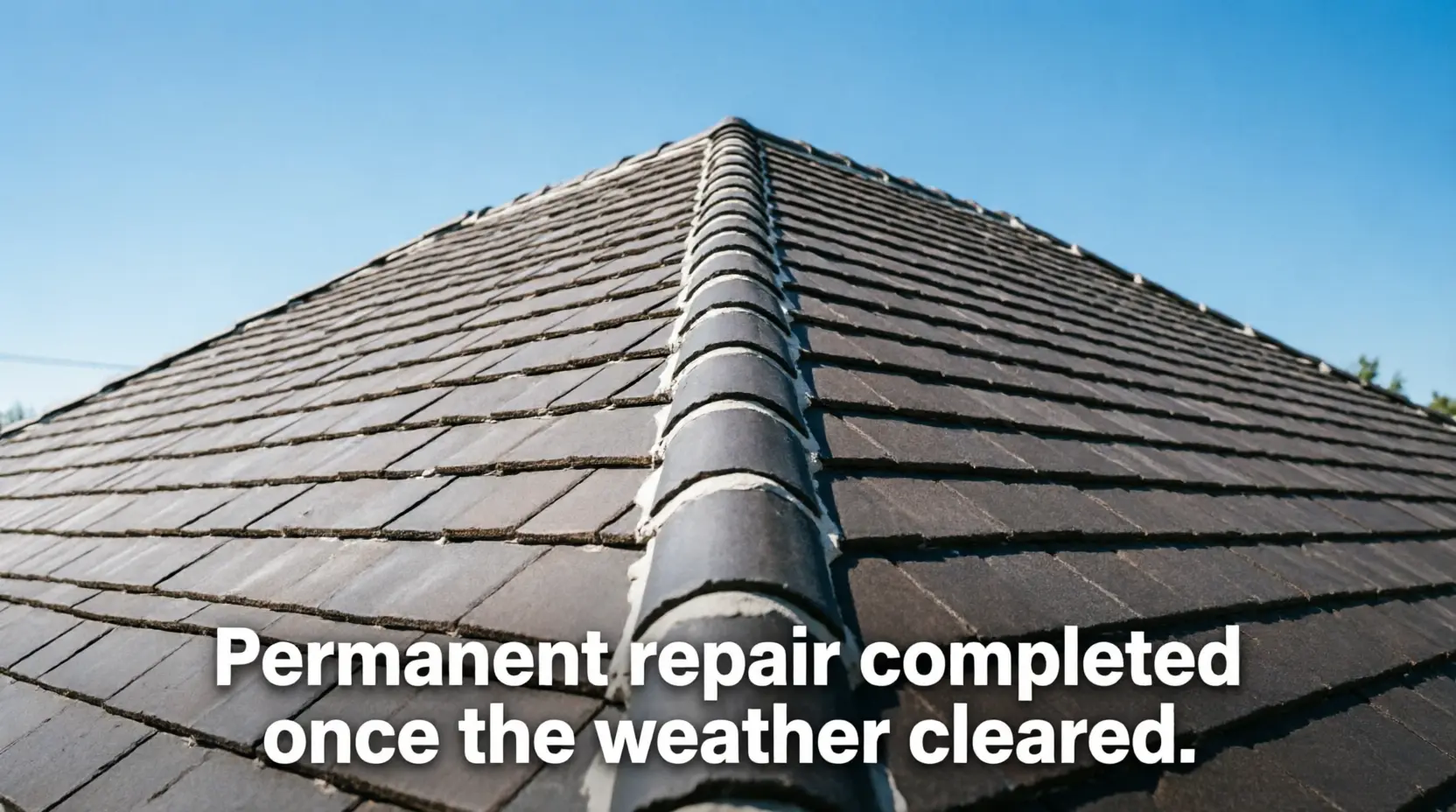 emergency roofers, showcasing the new ridge tiles, renewed mortar, and matching replacement tiles seamlessly blended into the existing roof
