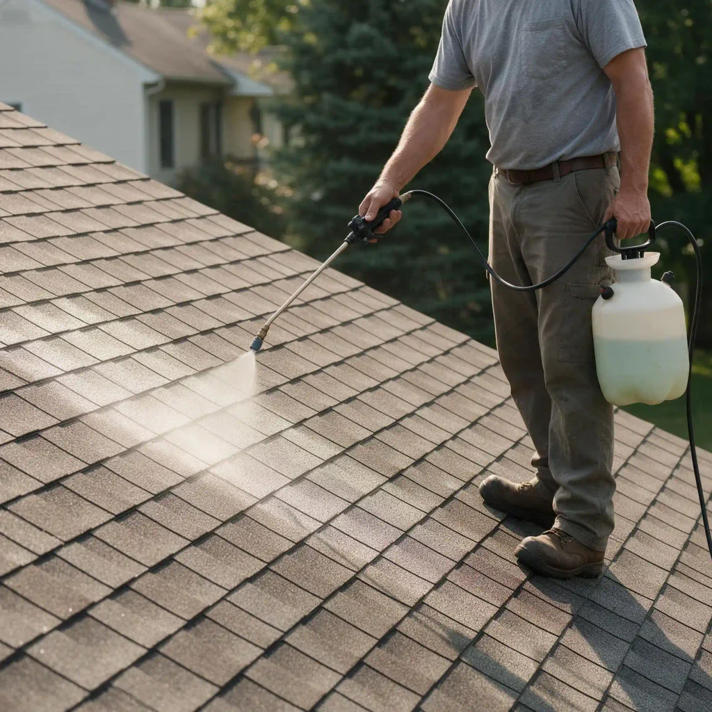 Biocide treatment applied to a roof at low pressure