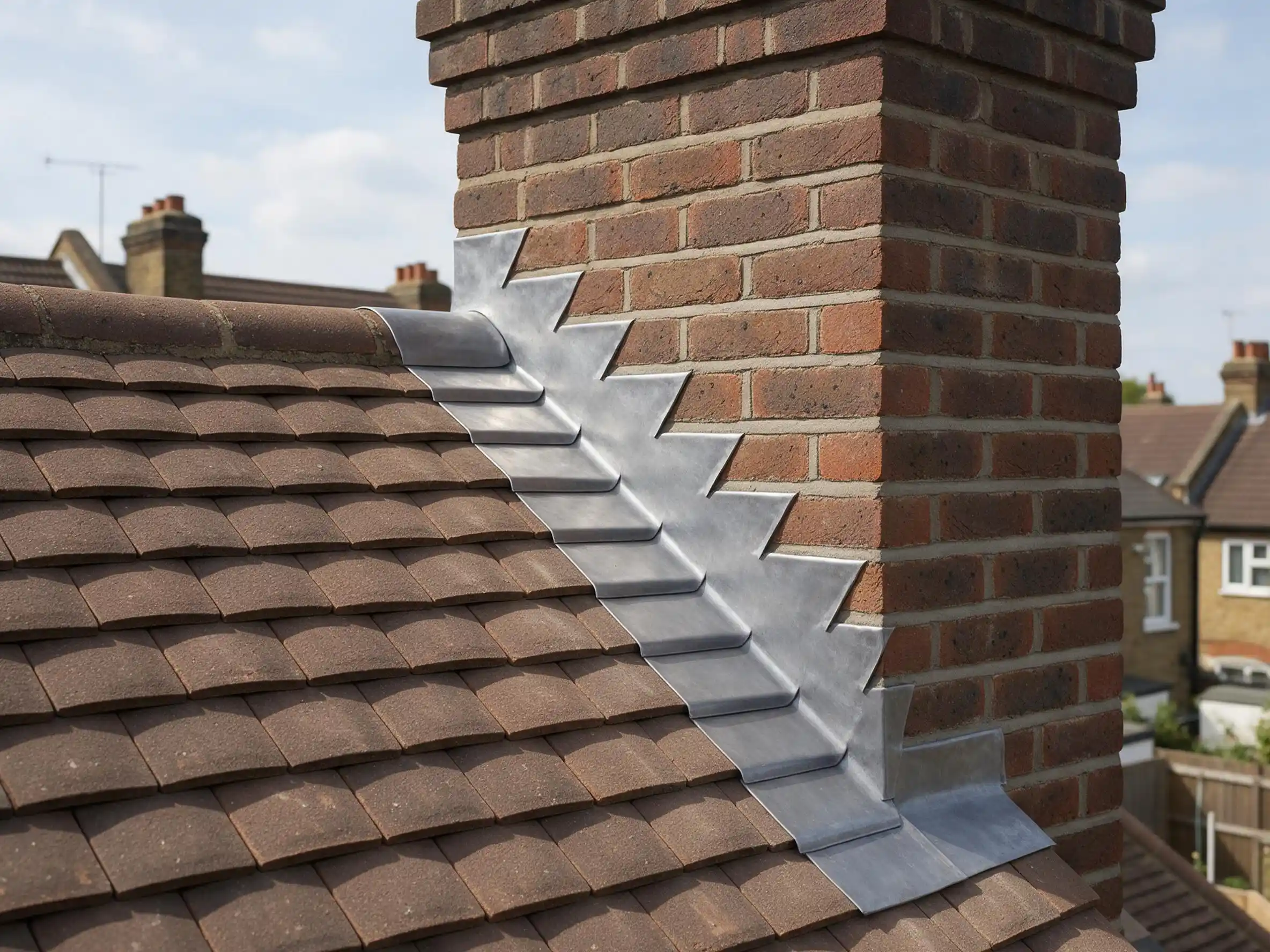 Chimney repairs London: brick chimney stack on a terraced roof being repaired by Golden Roofing Expert