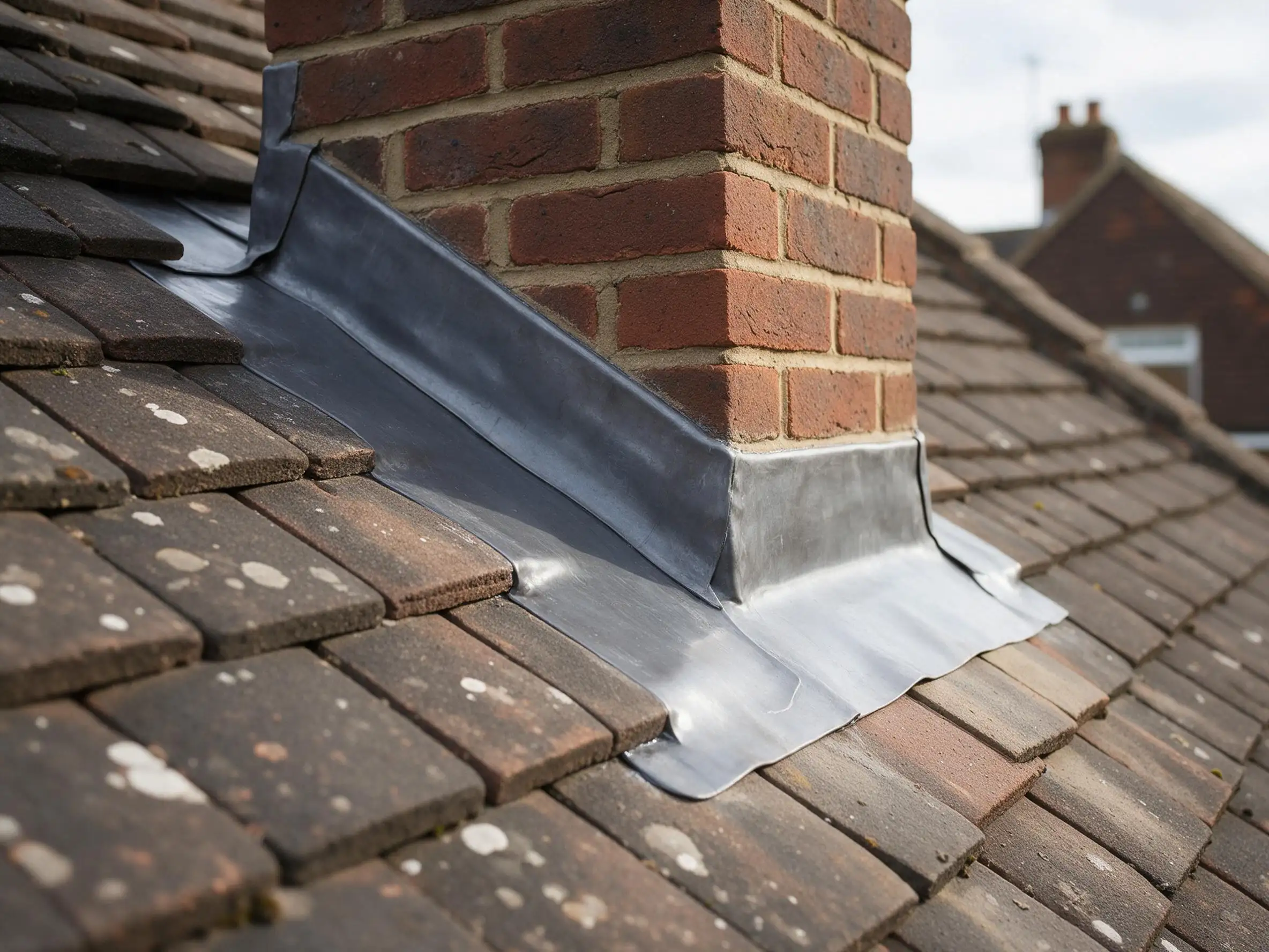 Roof leak repair London: new lead flashing fitted around a chimney