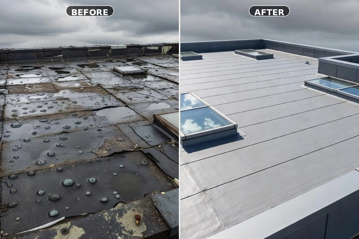 Croydon office block flat roof before and after - blistered felt roof replaced with single-ply membrane and new rooflights