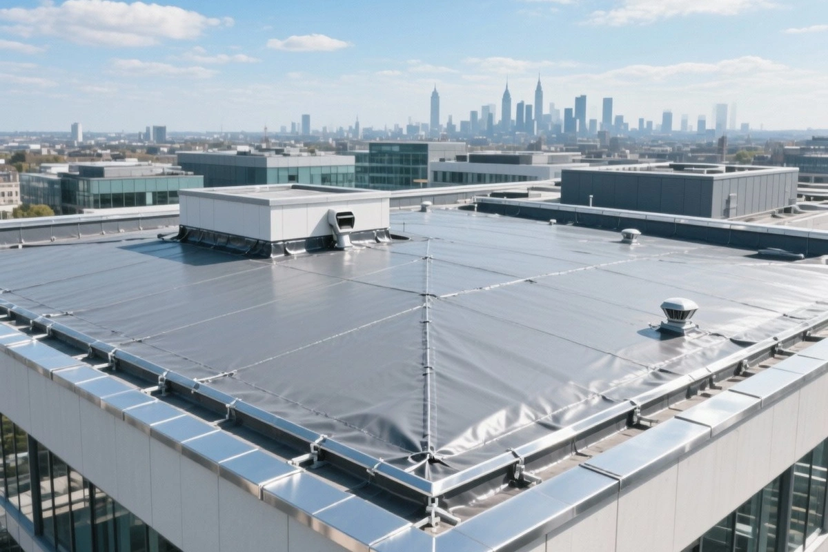 Completed single-ply membrane flat roof on Croydon office block showing rainwater outlets upstands and edge trims with London skyline commercial roofing