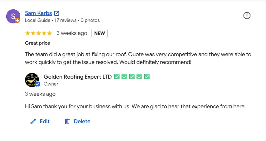 screenshot of 5 star review by our customer on google business profile