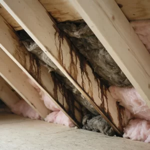 Water-stained rafters in a loft found during a roof leak inspection