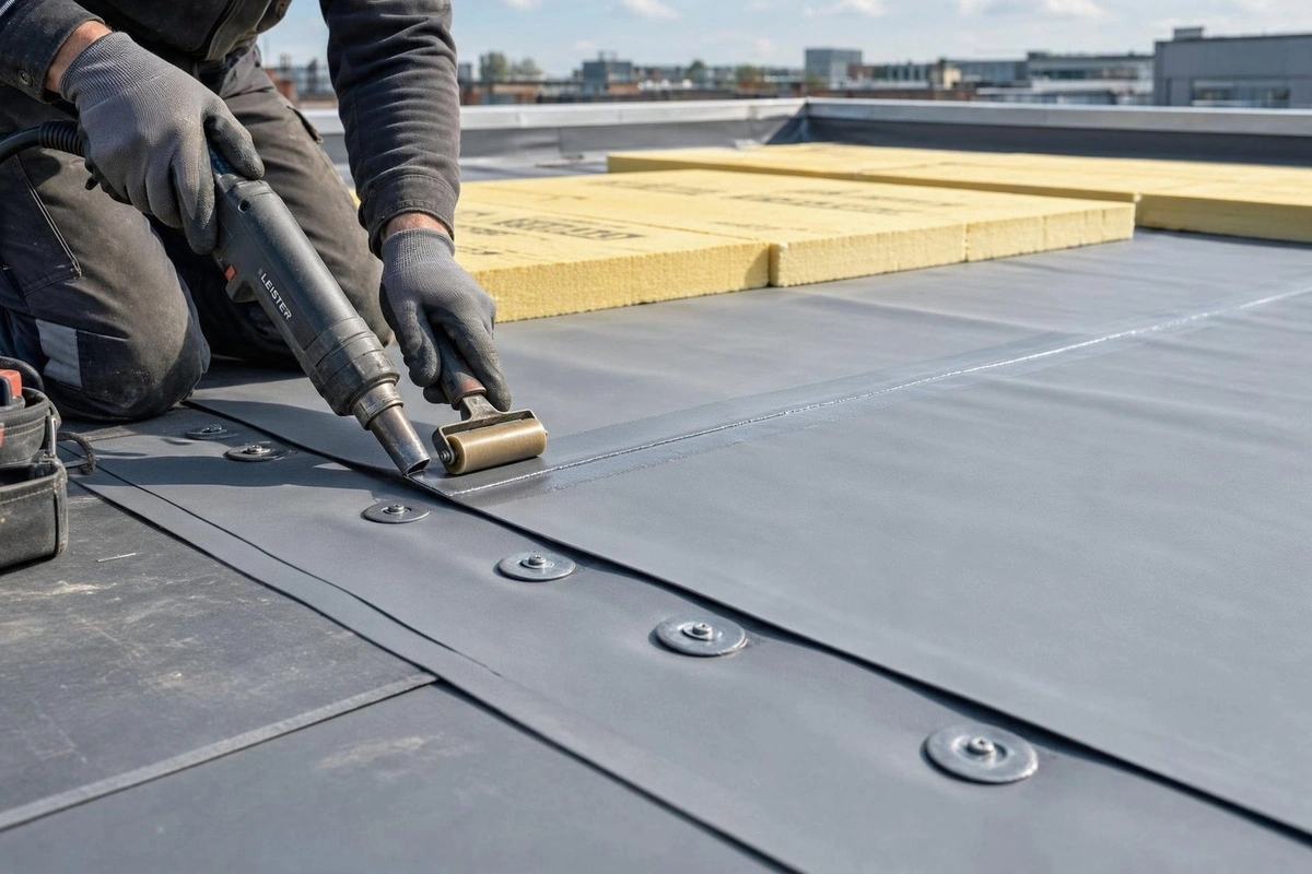 Single-ply membrane being mechanically fixed and heat-welded along lap with insulation boards in background