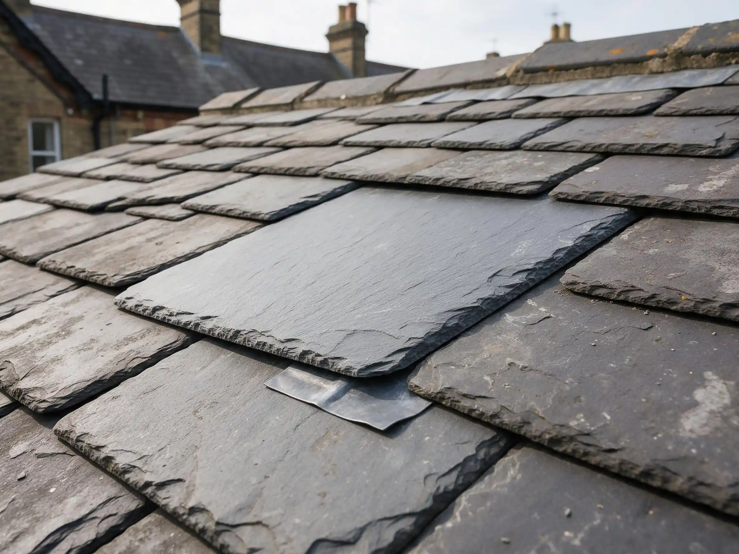 Replacement slate secured with a lead tingle on a London roof