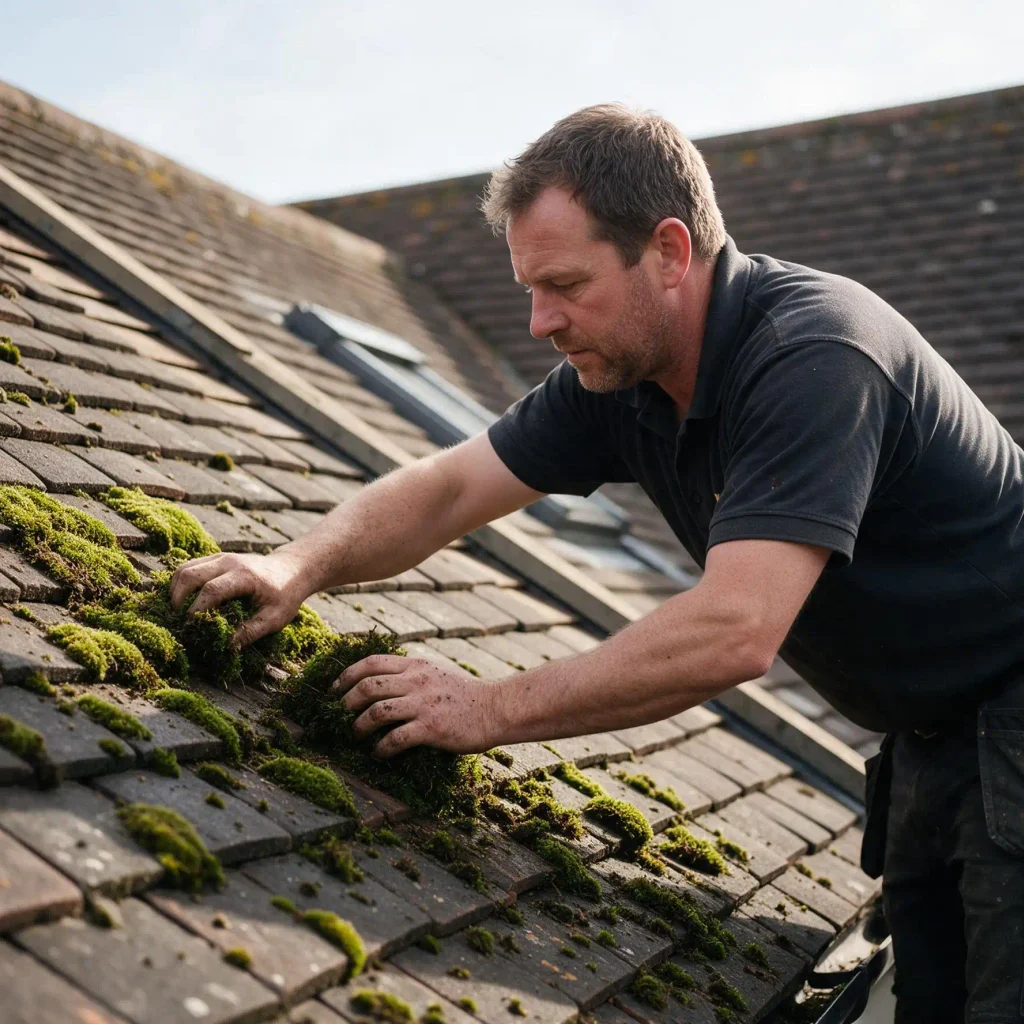 Roofer removing moss by hand from a London tiled roof