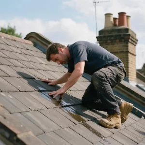 Roofer inspecting a roof for the source of a leak in London