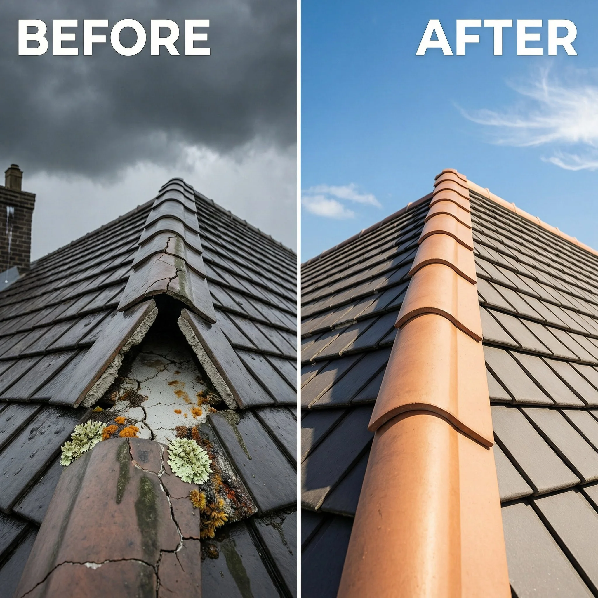 Wandsworth storm damage roof ridge before and after - missing cracked ridge tiles and finished re-bedded re-pointed ridge